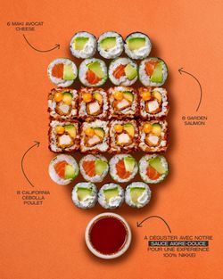 Plateau de sushis variés avec maki avocat cheese, garden saumon, california poulet, accompagné de sauce aigre-douce.